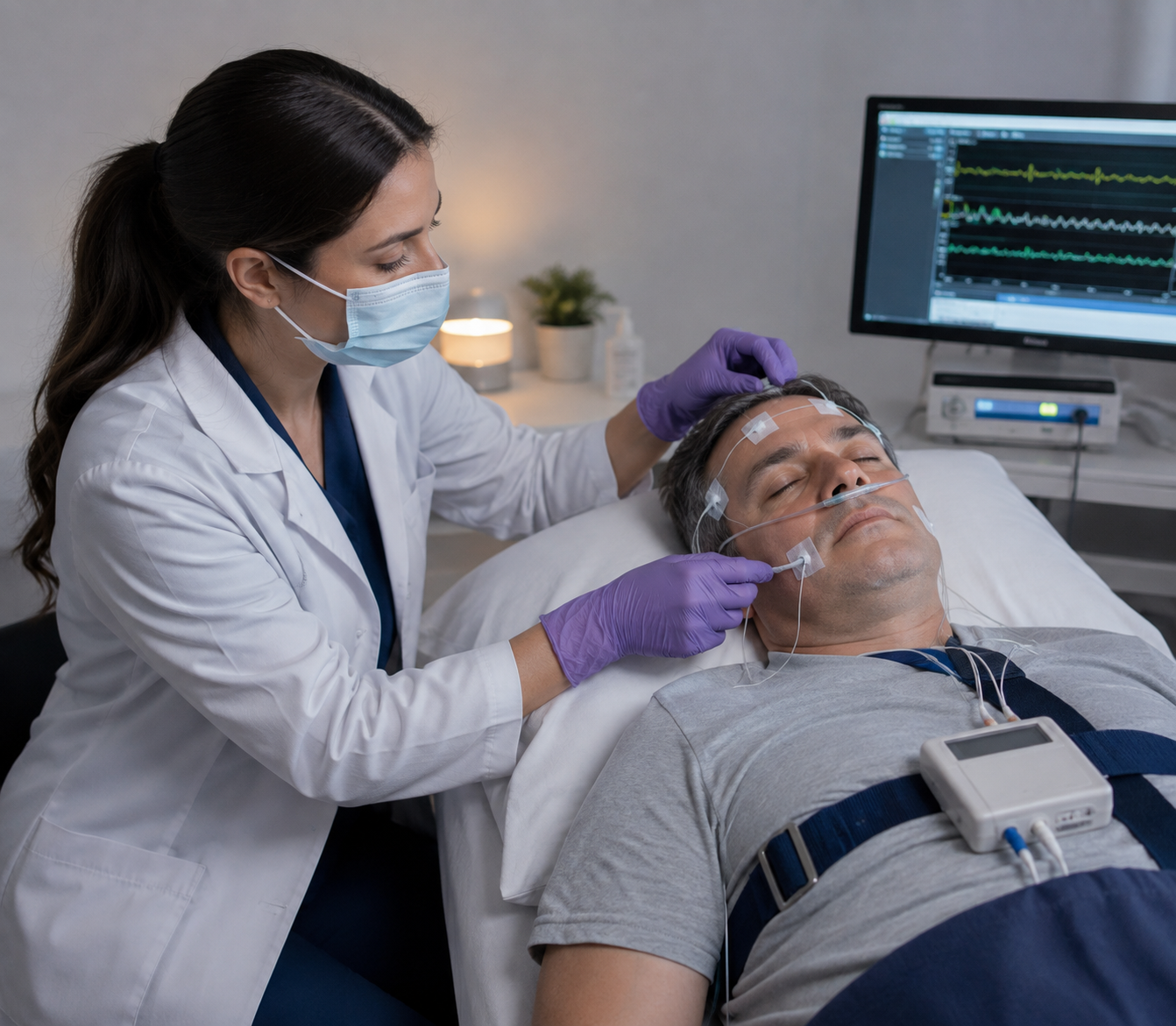 Doctora realizando una apena de sueño