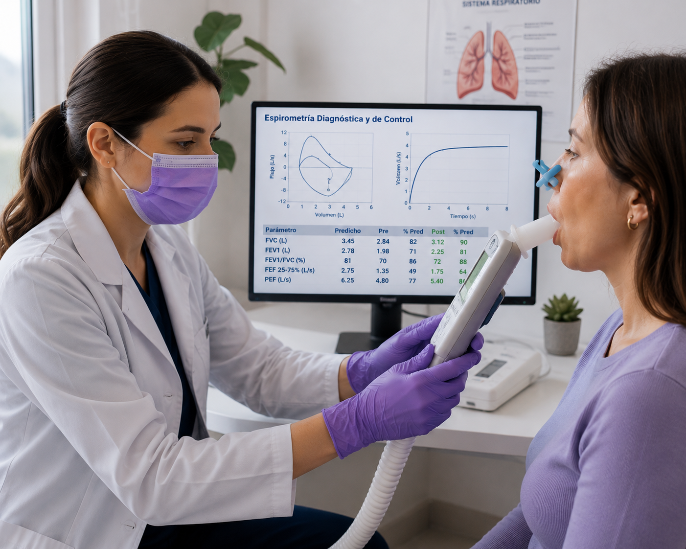 Doctora realizando una espirometria