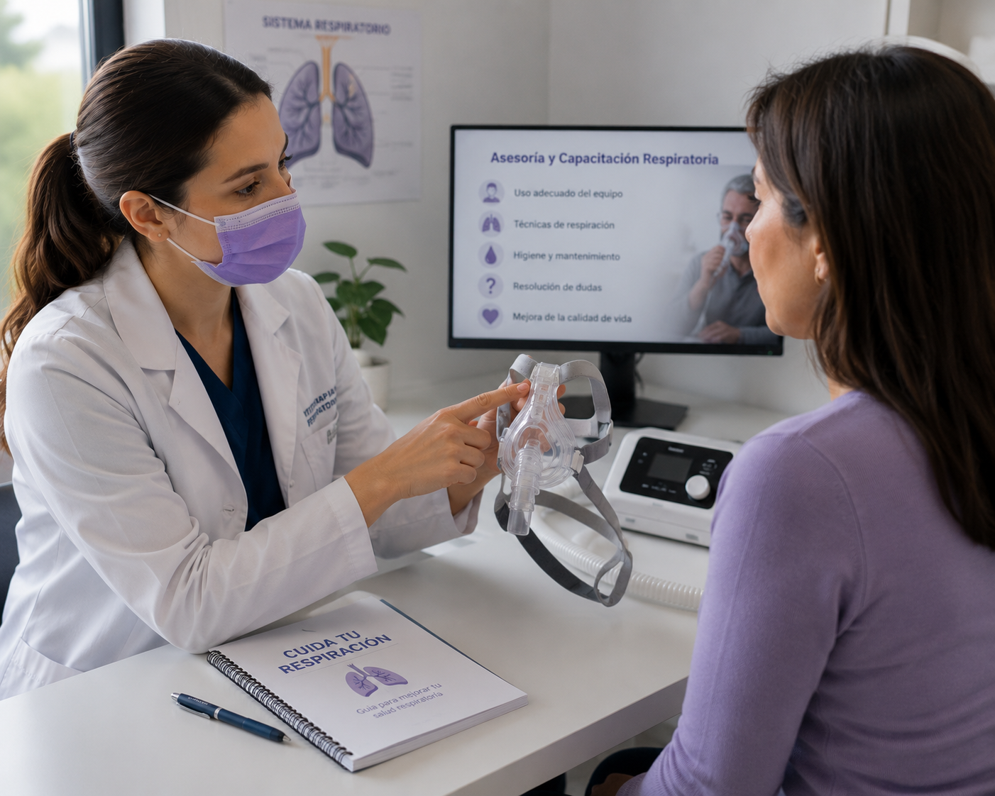 Doctora haciendo una Asesoría y Capacitación Respiratoria​